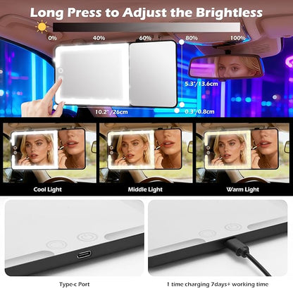 Large 2-in-1 Led Car Vanity Mirror with 20X Strong Magnification,10" Sun Visor Mirror with 3-Color Dimmable Rechargeable LED Lights,Car Makeup Mirrors with Secure Reinforced Flexible Mount