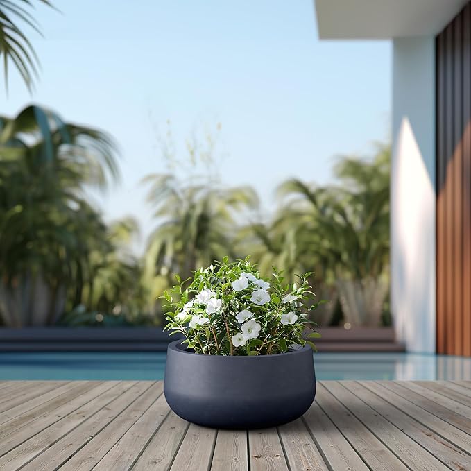 Kante 19.6" Dia Round Concrete Planter, Cement Plant Pots with Drainage Hole and Rubber Plug for Outdoor Indoor Garden Home, Modern Curvaceous Design, Dark Gray