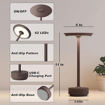 2 Pack Rechargeable Cordless Table Lamps, 5000mAh Portable Battery Table Light, 3 Color Stepless Dimming LED Table Light with Memory Function, for Outdoor/Home/Patio/Restaurant.(Rust)