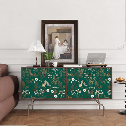 Dark Floral Wallpaper Peel and Stick 17.5in x 118in Vintage Green Gold Leaf Wallpaper Vinyl Waterproof Self-Adhesive Boho Botanical Wall Paper Mural for Cabinet Bookcase Bedroom Decor