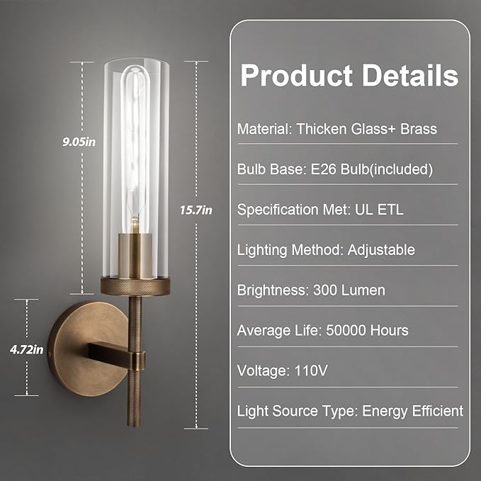 Bronze Wall Sconces White Light, 15'' Brushed Brass Knurled Bathroom Sconces Wall Lighting Vanity Light with Clear Glass, Indoor Wall Mount Light for Living Room Mirror Bedroom Stairs