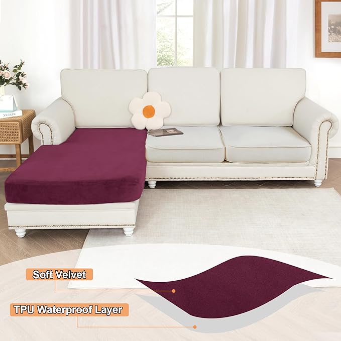 NAISI Waterproof Couch Cushion Covers Thick Velvet Fabric Washable Sofa Slipcovers 1 Piece Individual Sectional Couch Covers with Elastic Bottom(1 PC for Chaise Lounge,Burgundy)