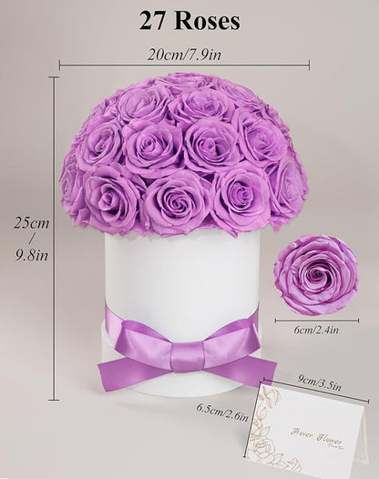 27 Forever Roses Dome in Luxury White Box, Eternal Real Roses Birthday Gifts for Women, Preserved Flowers for Delivery Prime, Anniversary, Valentine's Day, Mothers Day for Mom (Light Purple)