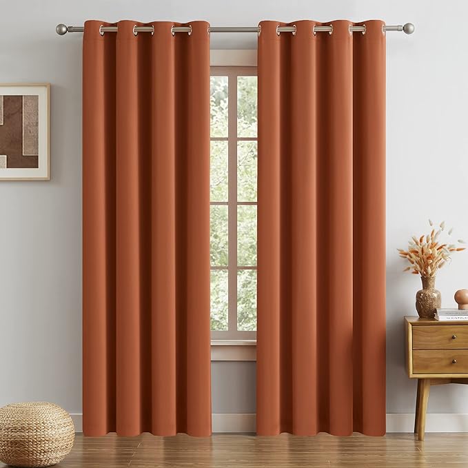 DUALIFE 120 Inch Patio Door Curtains - Fall Decor Earth Tone Extra Long Blackout Drapes Thermal Insulated Window Curtain Panels (Burnt Orange,Grommet,60 x 120 Inch Length 2 Panels)