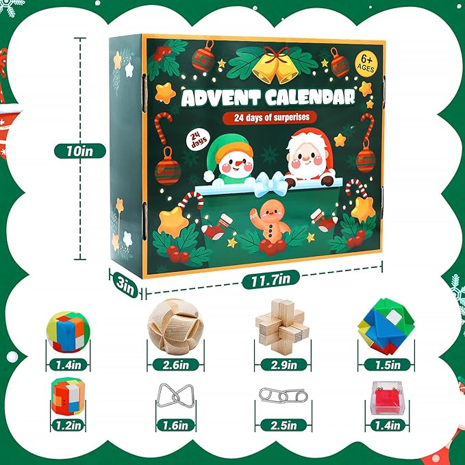 Advent Calendar 2025 Adults Kids - Wooden Puzzle Advent Calendar - Brain Teaser Puzzles 24 Days Christmas Countdown Calendar Toys for Teens Boys Girls Adults Challenge Mind,IQ,Logic Test Grame