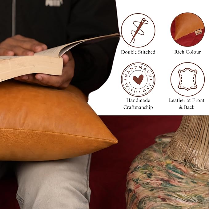 Genuine Lambskin Leather Pillow Cover, 14x14 Inch Case for Lumbar Throw Couch Pillows, Thick & Soft Cushion Covers for Sofa Bed Home Décor (Caramel Brown Pack of 2)