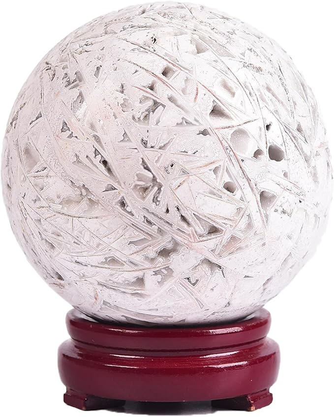 JIC Gem Large Mexican White Agate Crystal Sphere Ball with Wooden Stand White Healing Crystal Decorative Ball 90-100mm