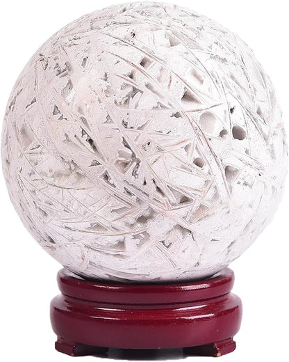 JIC Gem Large Mexican White Agate Crystal Sphere Ball with Wooden Stand White Healing Crystal Decorative Ball 90-100mm