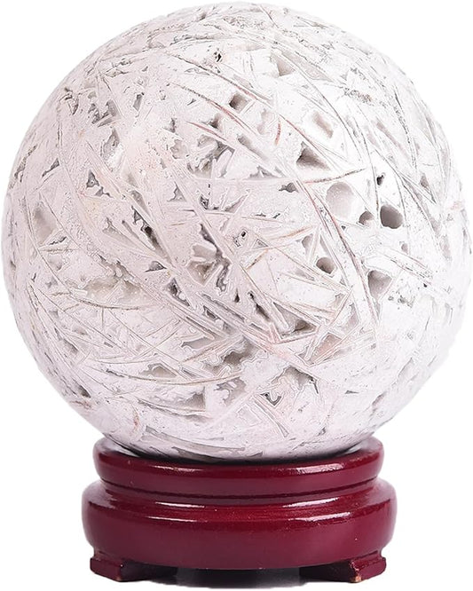 JIC Gem Large Mexican White Agate Crystal Sphere Ball with Wooden Stand White Healing Crystal Decorative Ball 90-100mm