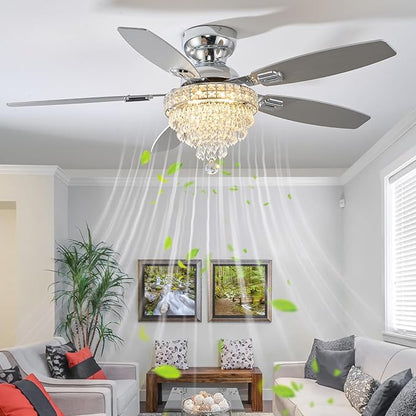 Crystal Ceiling Fan Fandelier with Lights-Ceiling Fans,50" Low Profile and Remote Control, Flush Mount, Reversible, Dimmable, Noiseless,Ceiling Fan for Bedroom（Chrome）