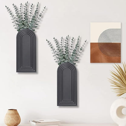 2 Pack Wooden Wall Vase Set - Black Finish Modern Farmhouse & Boho Wall Decor for Entryway, Hallway, Bathroom, Living Room, Dining Room, Narrow Spaces
