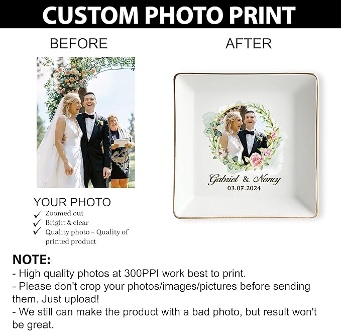 Personalized Photo Wedding Ring Dish Gifts for Couples, Married Jewelry Tray Ring Holder, Wedding Gifts for Women Newlywed Future Bride To be, Engaged Gift for Mr Mrs Wife Husband Him Her