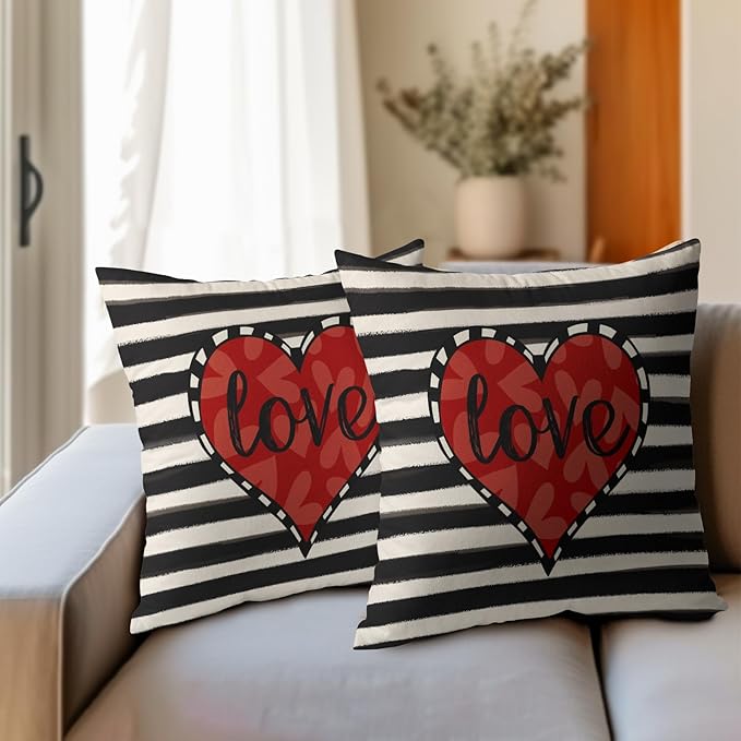 Valentines Day Pillow Covers 16x16 Set of 2 Black Red Heart Throw Pillow Covers Striped Love Pillowcase Linen Decoration Farmhouse Holiday Cozy Soft Cushion Case Couch for Indoor Outdoor Home Decor