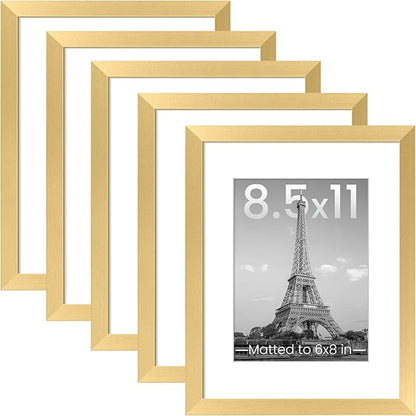 upsimples 8.5x11 Picture Frame Set of 5, Display Pictures 6x8 with Mat or 8.5 by 11 Without, Wall Gallery Photo Frames, Gold