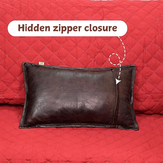 100% Lambskin Leather Pillow Cover - Sofa Cushion Case - Decorative Throw Covers for Living Room & Bedroom, 20x28 Inch - Dark Brown Crunch Box Pack of 2