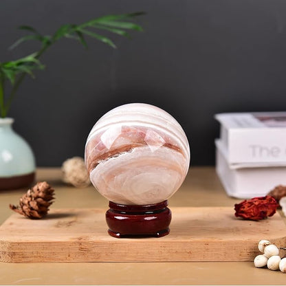 JIC Gem Large Pink Crystal Sphere with Stand Agate Crystal Ball Gemstone Decorative Ball for Home Decor Altar Reiki Healing Gift 80-90mm