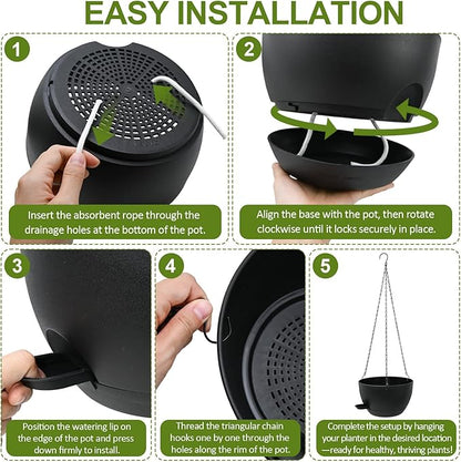 WOUSIWER Self Watering Hanging Planters, 2 Pack 10'' Plastic Pots with Drainage Holes & Reservoir Tray (Black) | Indoor & Outdoor Use for Ferns, Ivy, Herbs, Succulents