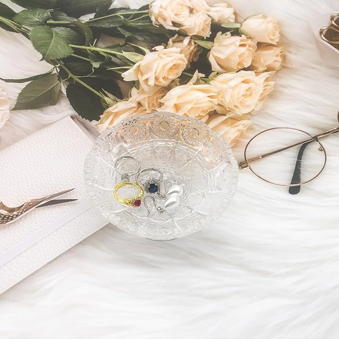 Small Flower Ring Dish Jewelry Tray, Glass Jewelry Dish, Crystal Ring Holder Jewelry Plate Dish, Nightstand Decor Clear Jewelry Bowl Dish for Earrings,Vanity Decorative Tray Trinket Dish Gift