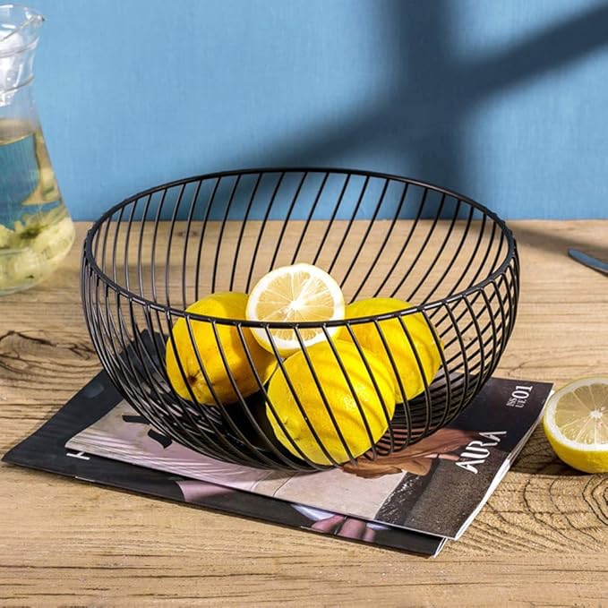 Fruit Basket for Kitchen - Wire Fruit Basket Holder for Lemon, Potato, Onion - Black Countertop Fruit Bowl - 10.2 In (Round B)