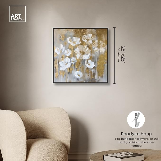 Art Remedy Golden Daisies Canvas Elegant White Gold Wall Art, Black Frame, 24" x 24"