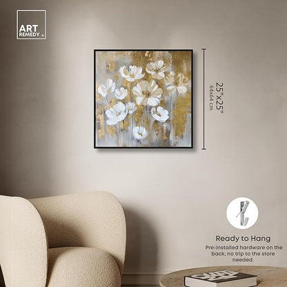 Art Remedy Golden Daisies Canvas Elegant White Gold Wall Art, Black Frame, 24" x 24"