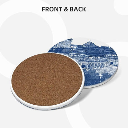 6 Pcs Ceramic Coasters with Holder Absorbent Drink Round Blue Chinoiserie Porcelain Inspiration Design for Home Table Coffee Cup Wine Beer Bar,Size 4.4 inches