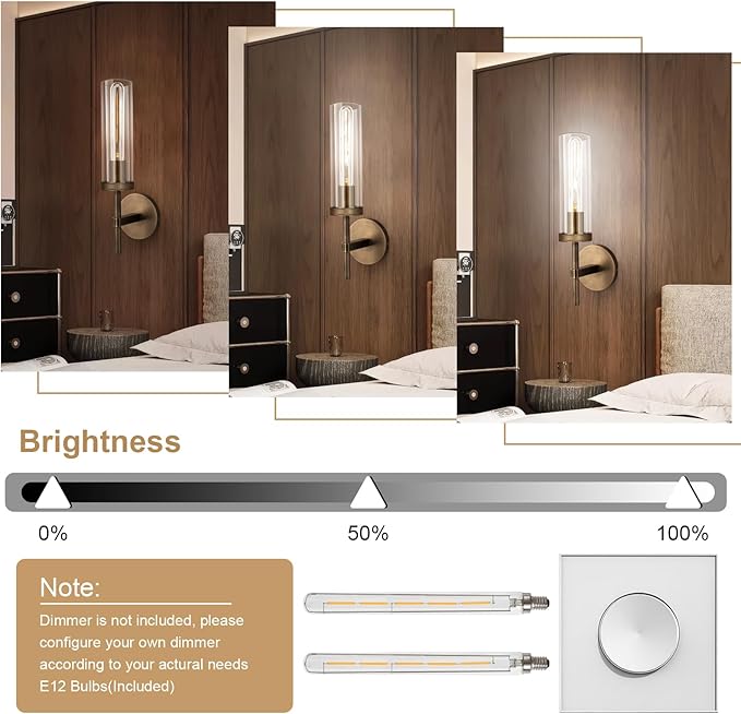 Bronze Wall Sconces Set of Two with White Light, 15'' Brushed Brass Knurled Bathroom Sconces Wall Lighting Vanity Light with Clear Glass for Living Room Mirror Bedroom Stairs
