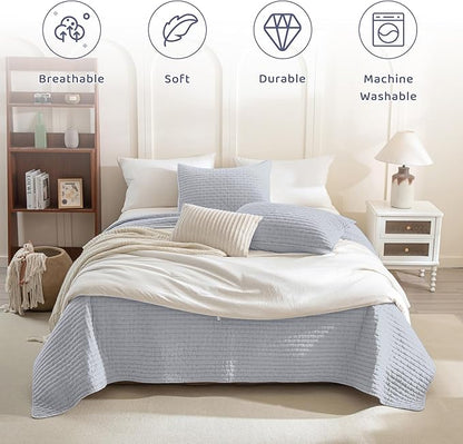 Sanracie Stonewashed Cotton Coverlet King Size(110"x98"), Cornflower Blue Cross Stitch Pattern Quilt Bedding Set 3Pcs Extra Soft Breathable Crinkle Quilted Bedspread Set for All Season