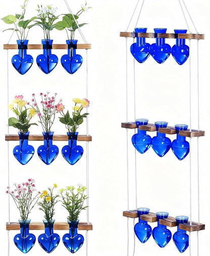 Leinuosen Wall Hanging Plant Propagation Stations 3 Tiered Planter Terrarium with Wooden Stand Home Decor Valentines Gifts for Her Hydroponics Plant Lovers - 9 Glass Vases(Heart Shaped,Blue)