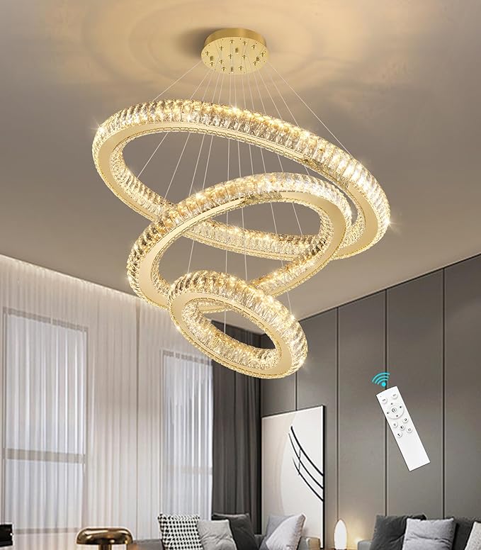 3 Rings Chandelier Modern Dimmable High Ceiling Large Ring Chanderliers Entryway Crystal Pendant Lights for Entryway Foyer Living Room Gold Light