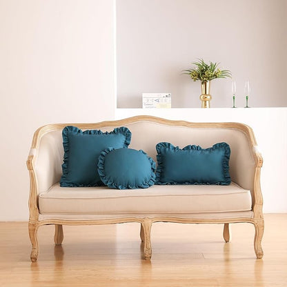 ISAENNE Classic Blue Round Throw Pillow Cover Diameter 16", Solid Color Farmhouse Linen Cotton Decoration Pillow Cover with Ruffles, Sturdy Throw Pillow Case for Couch Sofa Bed Living Room