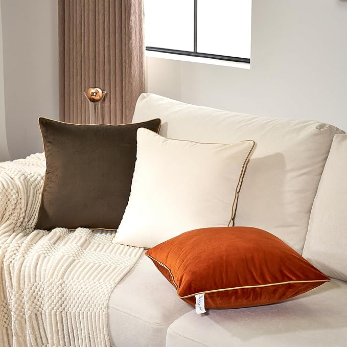Aeckself Pack of 2 Dark Brown Velvet Pillow Covers 24 x 24 Inch, Large Modern Luxury Decorative Pillowcase with Gold Trim Edge, Comfortable Soft Solid Cushion Case for Couch Bedroom Living Room