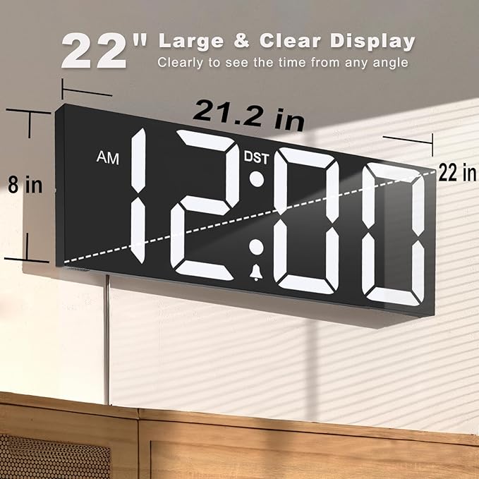 JALL 22'' Large Digital Wall Clock, Big LED Number Dispaly, DST, Night Light for Classroom, Living Room, Bedroom, Mounted, Birthday Xmas Gift for Senior, Mem Womem Mom Dad, White