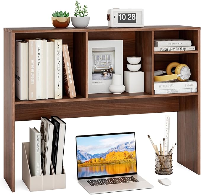 GOFLAME 4 Cubes Desktop Bookshelf, 37” Tabletop Wood Desk Shelf for Computer Monitor, Modern Countertop Desk Display Hutch Storage Organizer Shelf for Home Office, Dorm, Study (Walnut)
