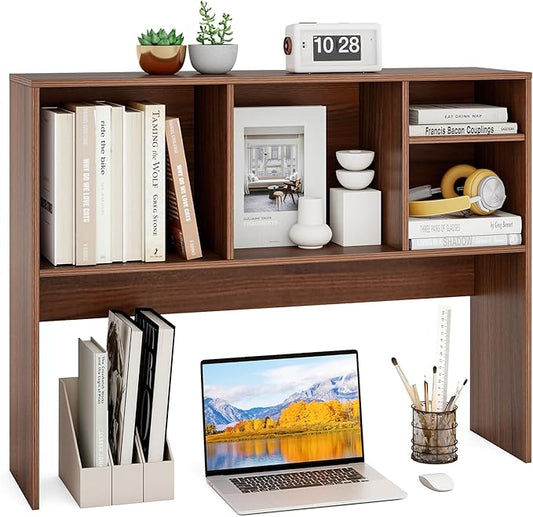 GOFLAME 4 Cubes Desktop Bookshelf, 37” Tabletop Wood Desk Shelf for Computer Monitor, Modern Countertop Desk Display Hutch Storage Organizer Shelf for Home Office, Dorm, Study (Walnut)