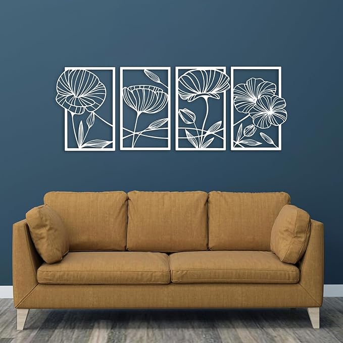 ESTART 4 Pieces Metal Lotus Wall Decor Abstract Floral Aesthetic Splicing Line Art Minimalist Wall Decor for Bedroom Flowers Hanging Wall Sculpture for Living Room Kitchen Office and Yoga Room (White)
