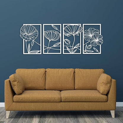 ESTART 4 Pieces Metal Lotus Wall Decor Abstract Floral Aesthetic Splicing Line Art Minimalist Wall Decor for Bedroom Flowers Hanging Wall Sculpture for Living Room Kitchen Office and Yoga Room (White)