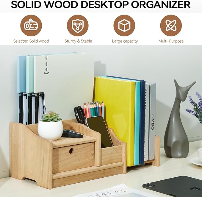 KIRIGEN Desktop Adjustable Organizer Storage Book Shelf with Drawer Wooden Desk Bookcase Workplace Storage Station Expandable Book Rack Fully Assembled SSSJ-S-NA