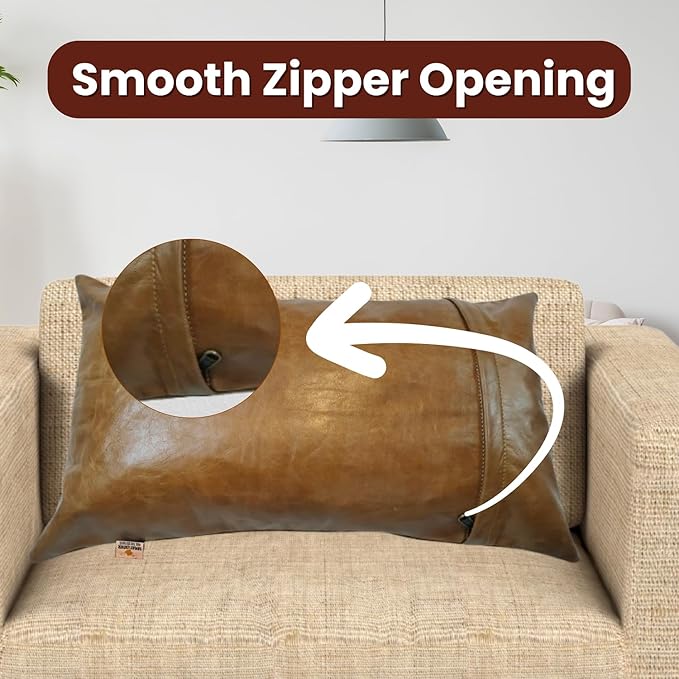 100% Lambskin Leather Pillow Cover - Sofa Cushion Case - Decorative Throw Covers for Living Room & Bedroom, 14x22 Inch - Gold Crunch Plain Pack of 2