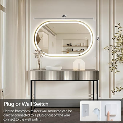 Niccy Oval LED Mirror for Bathroom, 40x24 Front Lit + Backlit Vanity Mirrors with Light Anti-Fog, Shatter-Proof, 3 Colors, Makeup Mirror with Old Gold Frame (Horizontal/Vertical)