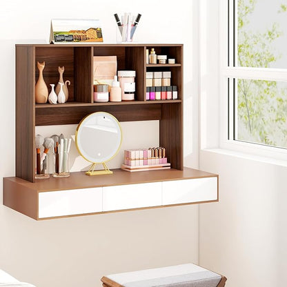 GOFLAME 4 Cubes Desktop Bookshelf, 37” Tabletop Wood Desk Shelf for Computer Monitor, Modern Countertop Desk Display Hutch Storage Organizer Shelf for Home Office, Dorm, Study (Walnut)