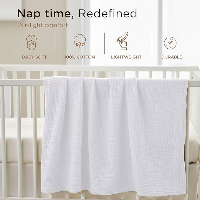 Threadmill Muslin Baby Blanket | 4 Layer Swaddle Blankets for Newborns| Multi Use Muslin Blankets 41 x 37| Ultra-Soft Breathable Baby Wrap for Boys & Girls| Registry Essential| White