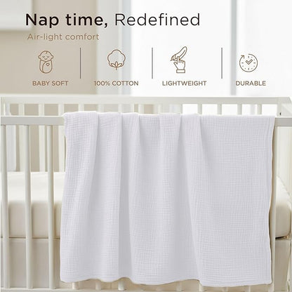 Threadmill Muslin Baby Blanket | 4 Layer Swaddle Blankets for Newborns| Multi Use Muslin Blankets 41 x 37| Ultra-Soft Breathable Baby Wrap for Boys & Girls| Registry Essential| White