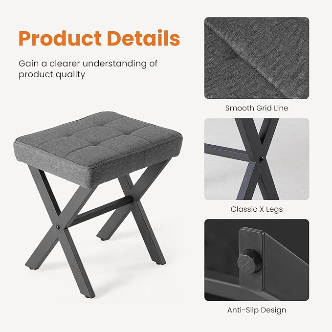 Sweetcrispy Vanity Stool Ottoman, Square Linen Makeup Stool Metal X Legs, Small Footstool Chair for Vanity, Modern Padded Seat Foot Rest for Makeup Room, Bathroom,Living Room, Entryway, Gray
