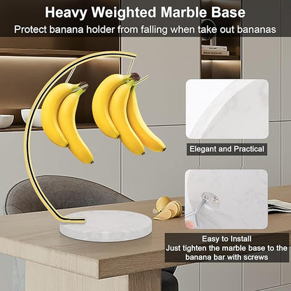 Livabber Banana Holder with Marble Base, Metal Banana Hanger Modern Tree Stand with Hook, Stylish Banana Keeper Fresh Fruit Storage Organizer Freestanding for Kitchen Countertop (Gold, Double Hook)