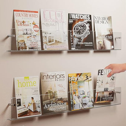 DuvinDD 2 Pack Acrylic Magazine Holder Rack Brochure Holder Wall Mount 24 inch Clear Hanging Magazine Rack Floating Bookshelf for Literature Pamphlet Organizer for Room Office, with Mounting Kit