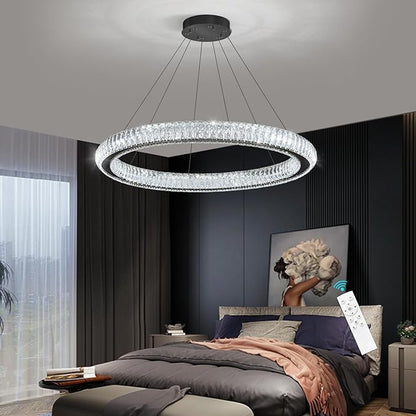 Modern Ring Chandelier LED Dimmable Living Room Chanderliers Entryway High Ceiling Crystal Ring Pendant Lights for Dining Room Bedroom Black Interior Light