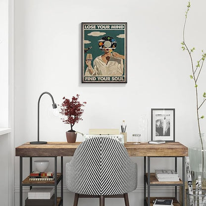 Framed Art Vintage Lose Your Mind Find Your Soul Poster Mental Health Quote Canvas Wall Art Posters Cool Unique Music Girl Print Painting Abstract Wall Decorfor Bed Room Bathroom 12x16in