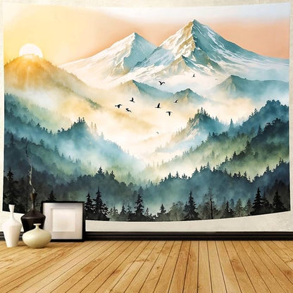 Delur Mountain Tapestry Boho Misty Sunset Forest Tree Tapestry Wall Hanging Sunrise Nature Landscape Psychedelic Headboard for Bedroom Living Room Home Decor (70.8" x 92.5")