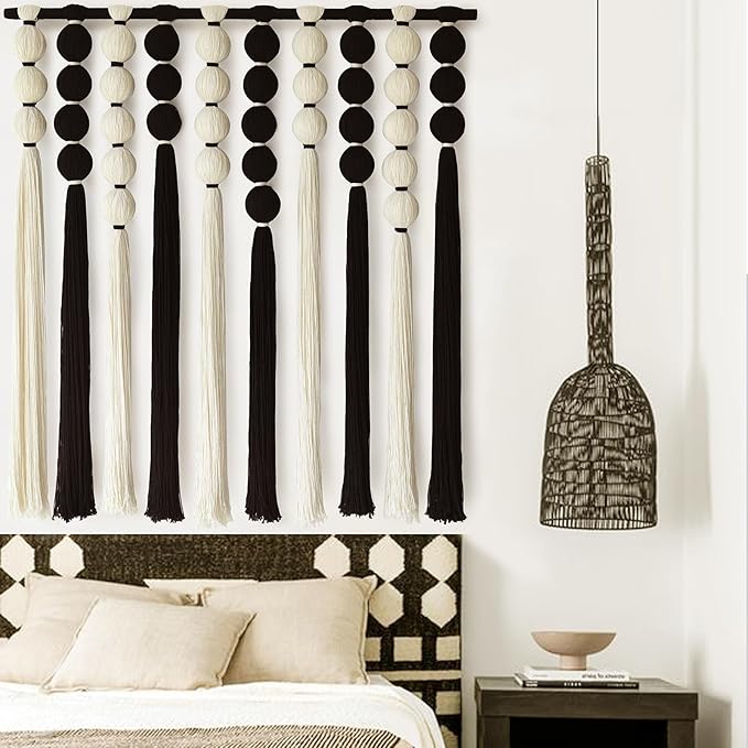 IOWER Large Macrame Wall Hanging Macrame Wall Decor Black and White Sphericity Cotton Textile Wall Hanging Boho Wall Decor Art Fiber Yarn Art Handmade 39" Wx39 L